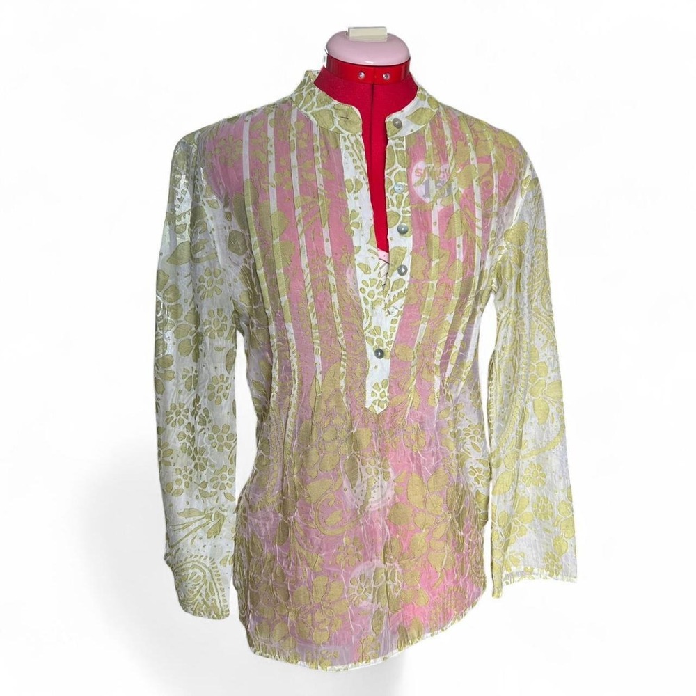 Chico's white and green sheer floral blouse with button front long sleeves small